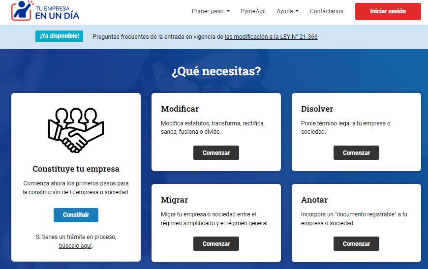 Imagen de la página web de Tu empresa en un día o registrodeempresasysociedades.cl